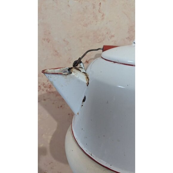 Vintage Enamel White Teapot With Red Trim & Wooden Handle - Picture 5 of 13